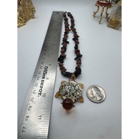 Golden And Black Rain Stone Necklace And Tortoise Murano Art Pendant Pretty - Picture 4 of 9